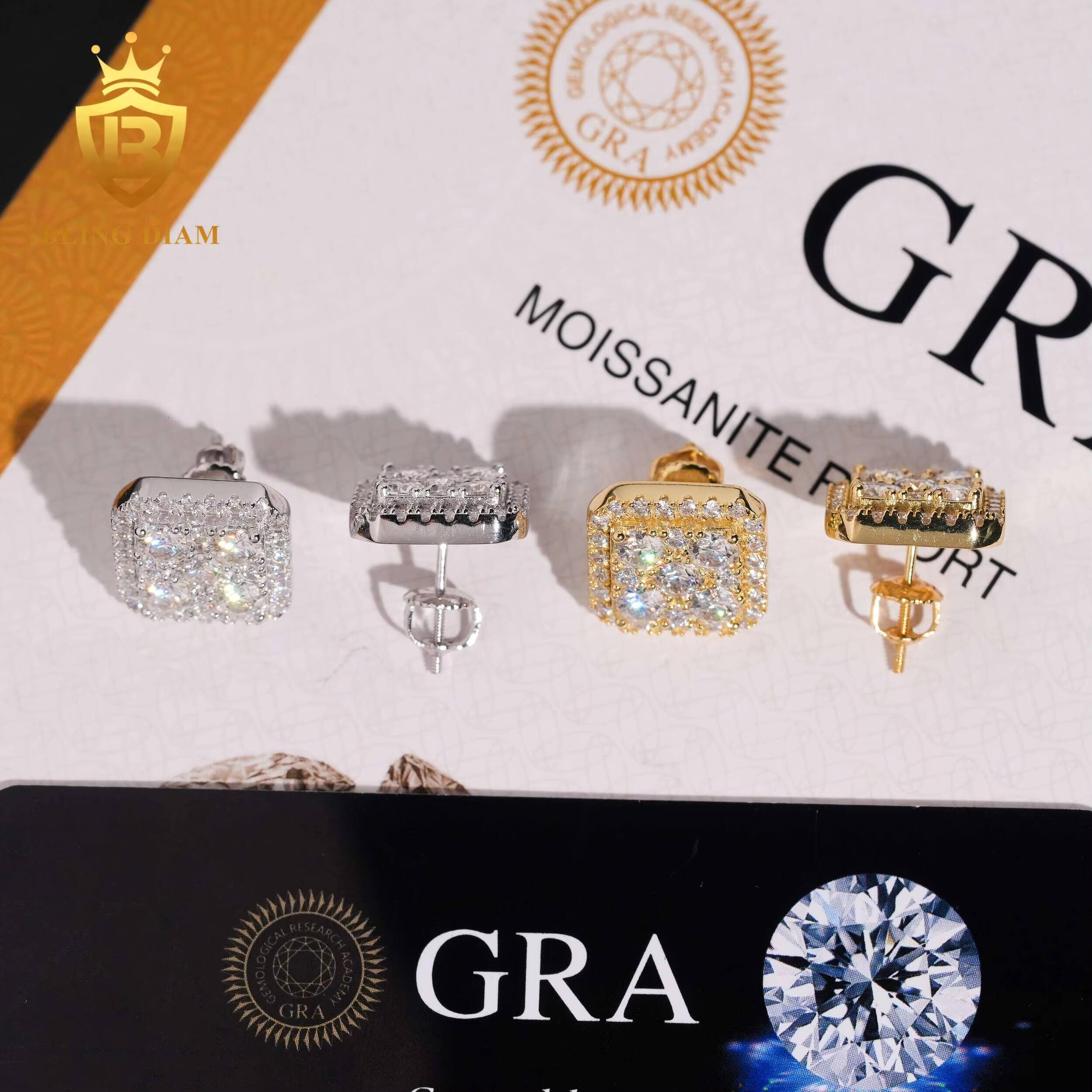 Trendy Jewelry Wholesale 925 Silver Gold Plated Vvs Moissanite Diamond Square Earrings Screw Back Stud Cluster for Man Women