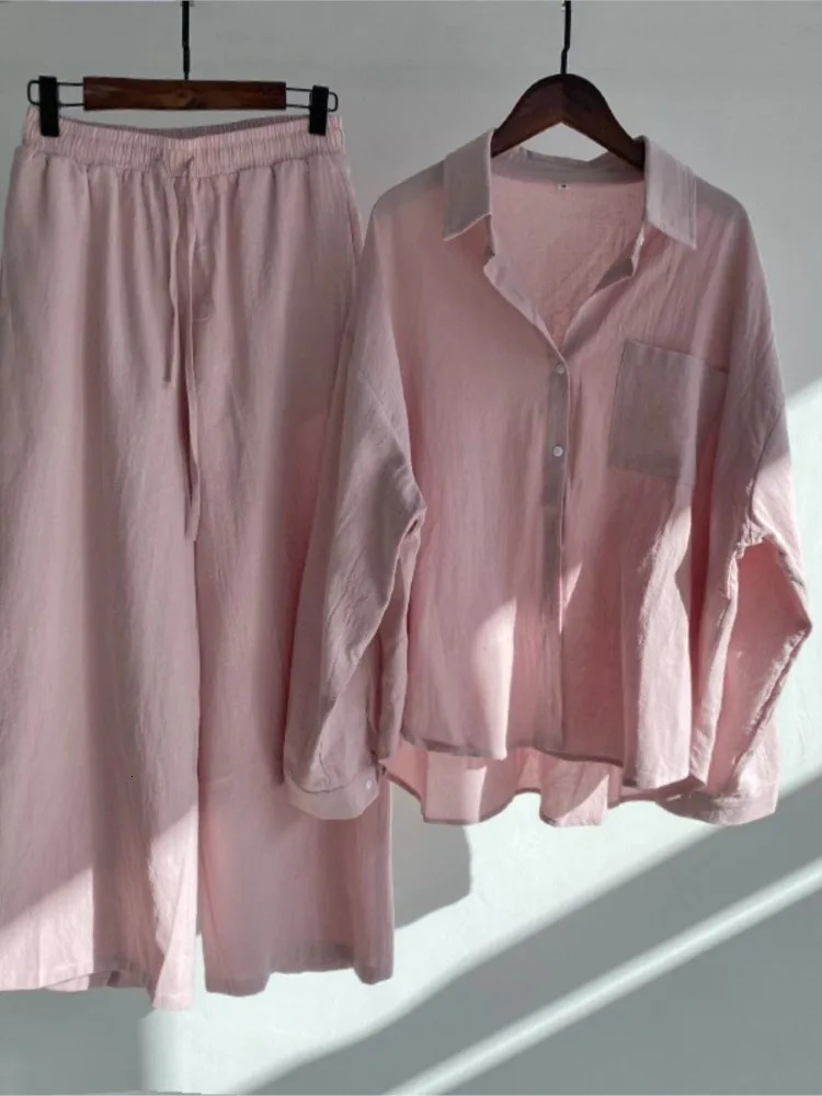Spring Summer Womens Two Piece Casual Long Sleeve Shirt Womens Suit Fashion Button Casual Female Wide Leg Pants 2 Piece Sets 250811
