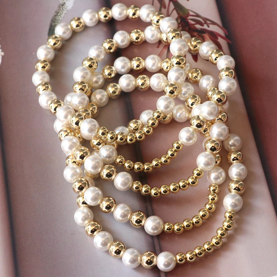 10Pcs Shell Pearl Bracelet 18K Gold Plated Beaded Elastic Bracelet for Women Jewelry 250807