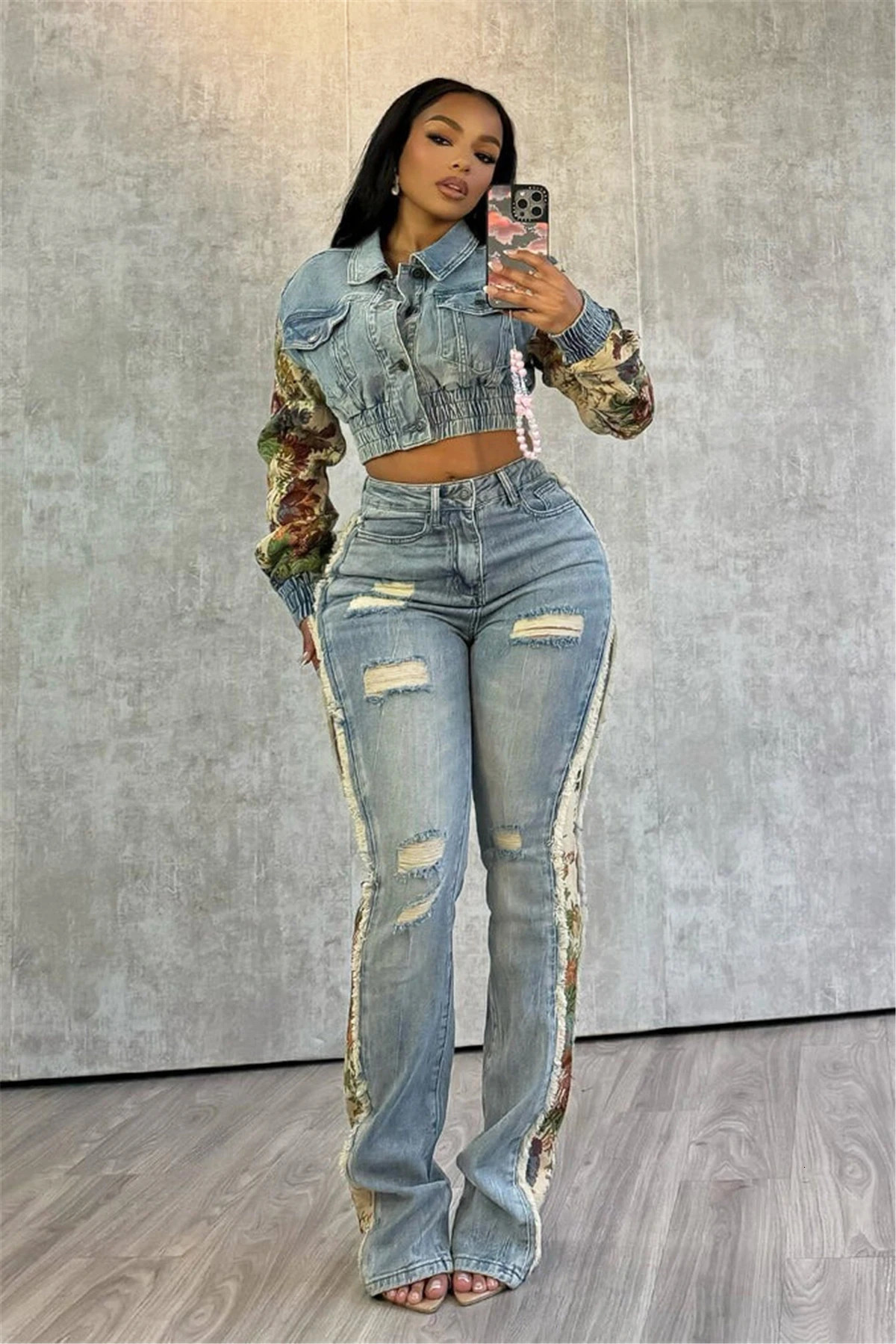 Womens Printed Splicing Denim Jacket Long Sleeve and Piercing Jeans Long Pants Color Contrasting Set Two Piece Set 250806