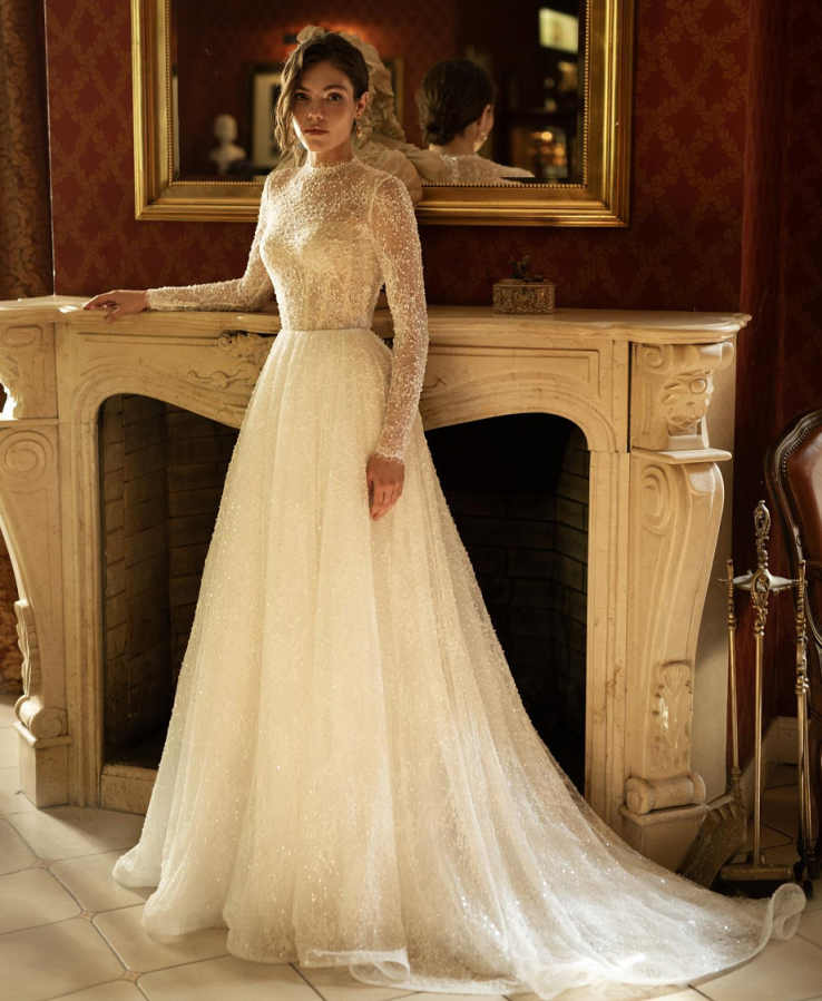 Elegant A Line Wedding Dresses High Coller Full Pearl Backless Party Gowns Vestido De Noiva Court Train Customized