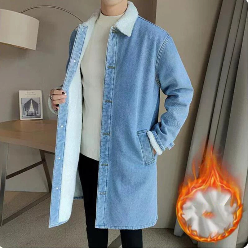 Vintage Denim Trench Coat Men Medium Long Styles Loose Tops Windbreaker Autumn Winter With Plush Thickening Overcoat Jacket 250805