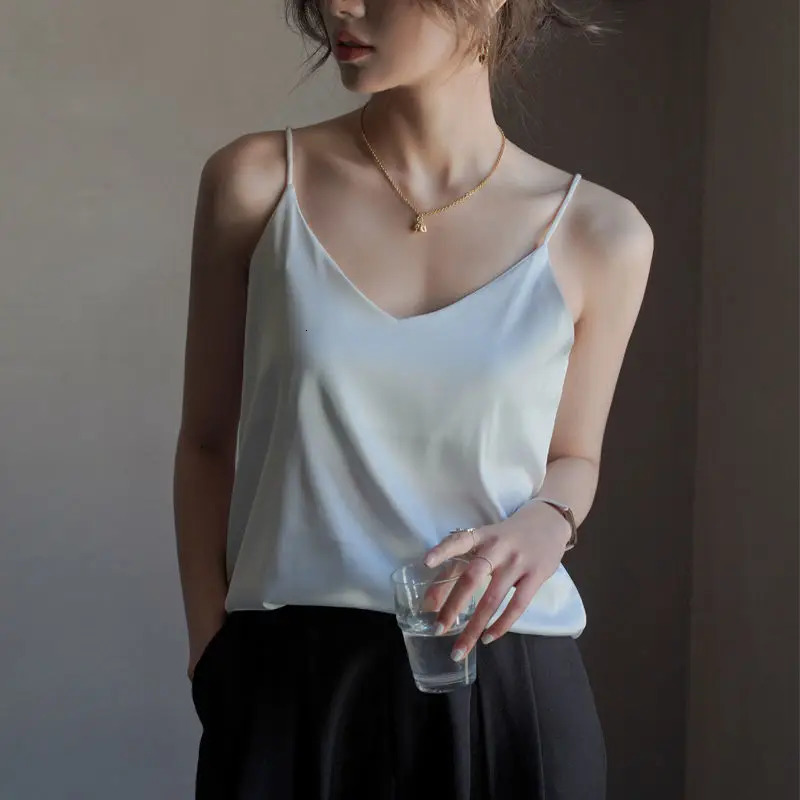 Spaghetti Strap Top Women Halter V Neck Basic White Cami Sleeveless Satin Silk 2025 Tank TopS Summer Camisole 250804