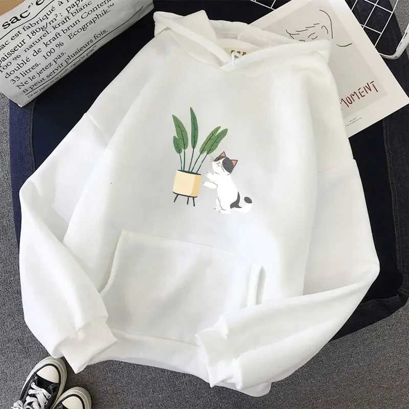 Teens Cute Cat and Plant Print Hoodies Casual Couple Hip Hop Streetwear Spring Long Sleeve Hoody Sweatshirts Y250811