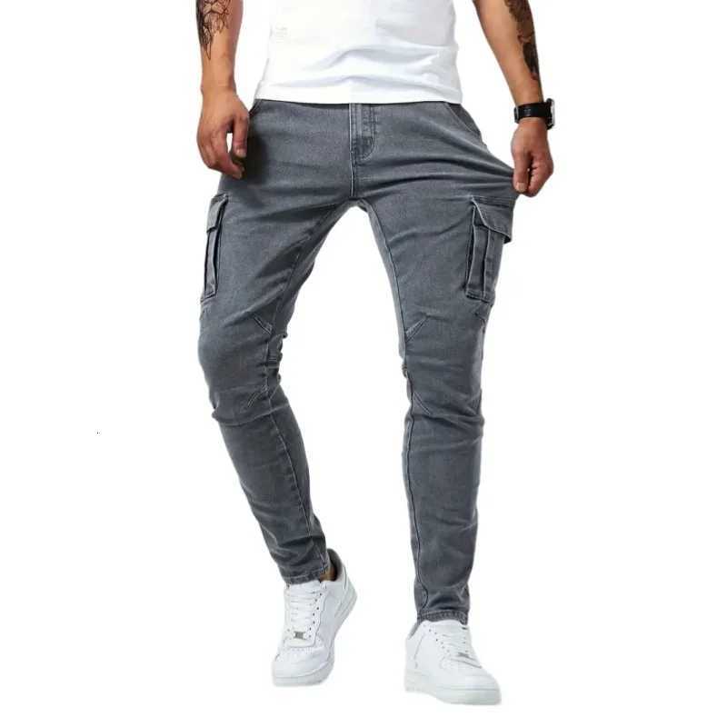 Men Elastic Skinny Jeans Solid Denim Pants Slim Fit Casual Jeans Multi Pocket Cargo Pants Fashion Casual Trousers Men Clothing X250812
