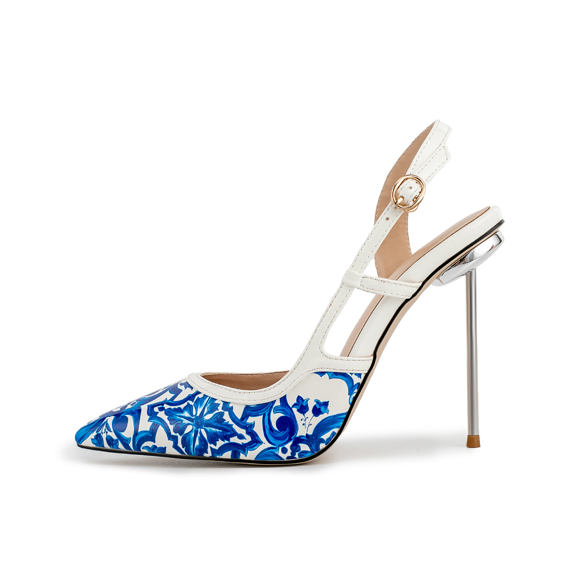 Blue Porcelain Stiletto Sandals - Chinese Floral Pointed Toe Ankle Strap Heels (White/Black)
