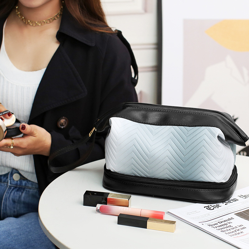 Trendy Gradient PU Makeup Skincare Storage Travel Large Capacity Double Layer Toiletry Bag Fashion