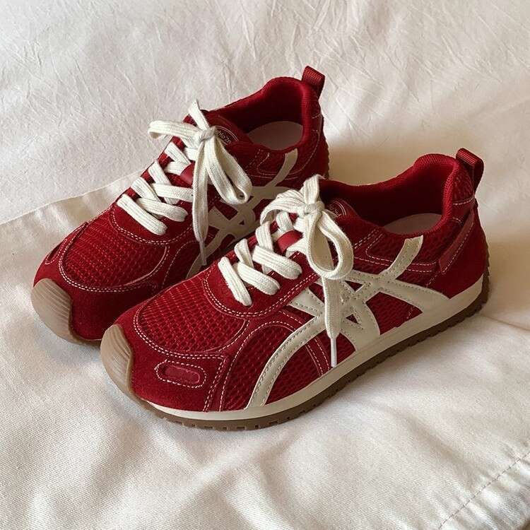 Red Color Block Dexun for Women 2025 New Mesh Breathable Comfortable Lightweight Casual Sports Forrest Gump Shoes