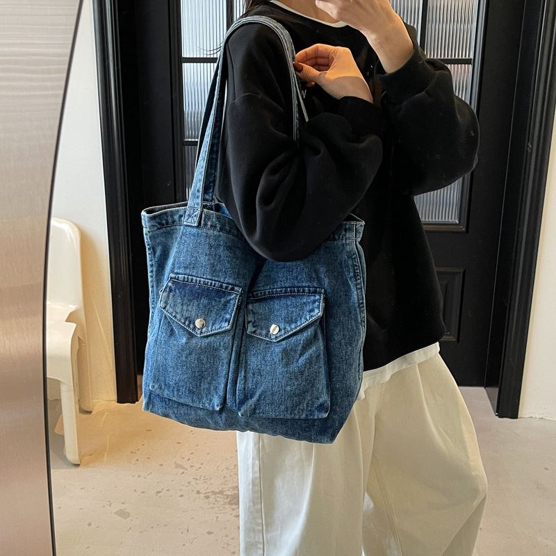 Denim Tote for Women New Versatile Casual Shoulder Student Handbag Class Tutoring Bag