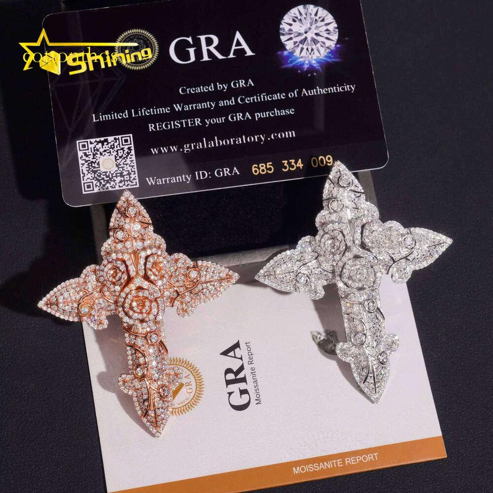 Hip Hop Rose Cross Sterling Sier Gold Plated Moissanite Iced Out Dia Charm Pendant