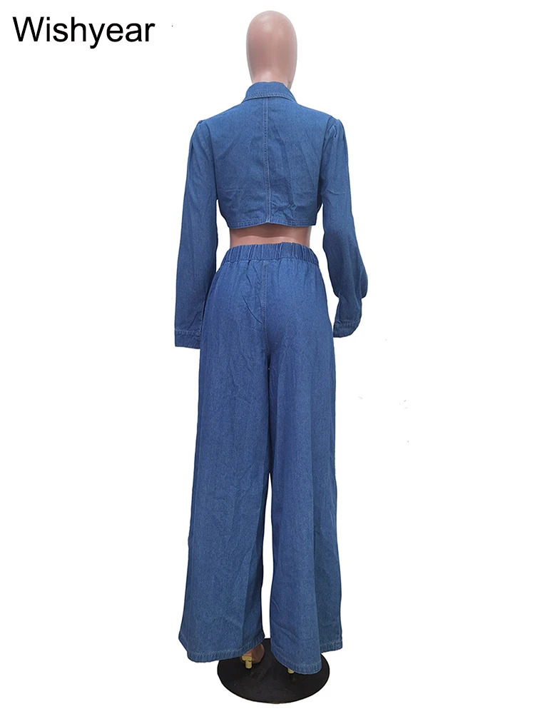 Fashion Denim 2 Pieces Pants Women Set Long Sleeve Crop Jacket and Wide Leg Jeans Suit Elegant Loose Streetwear Blue Outfit 250808
