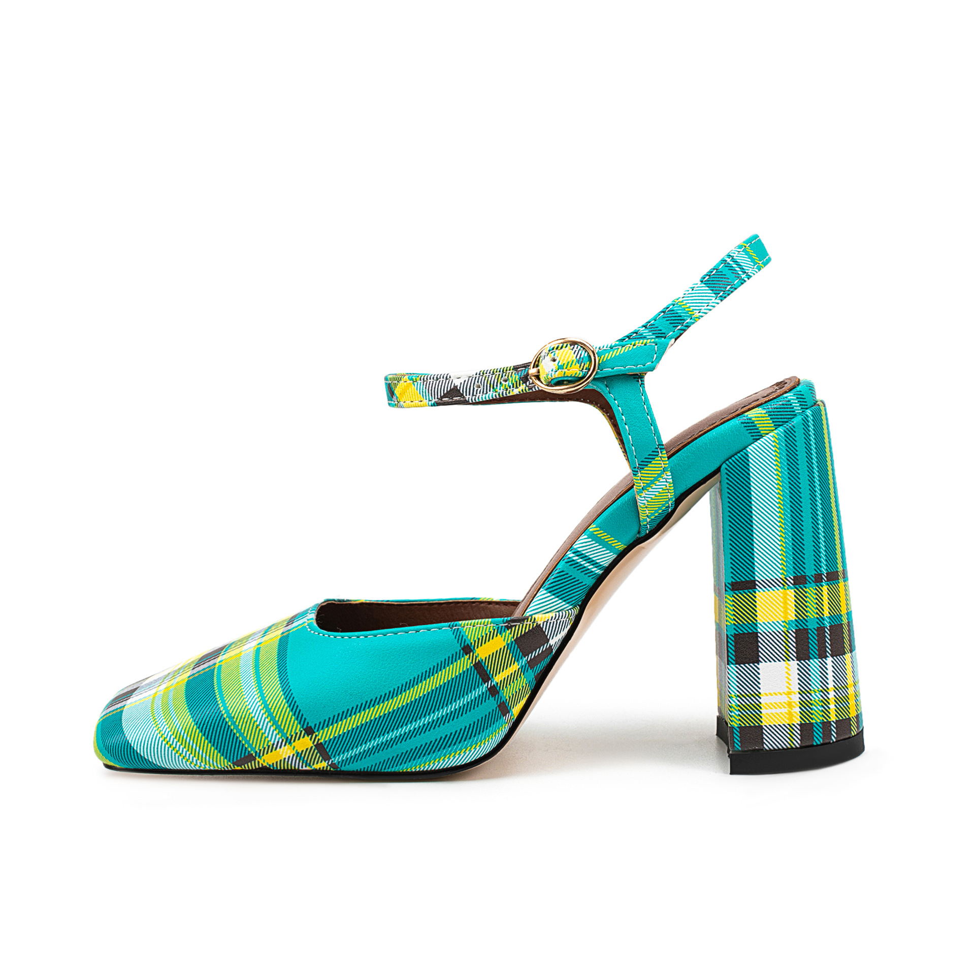 Square-Toe Block Heel Sandals - Checkered Strappy Flats Mustard, Green, Lilac, Red