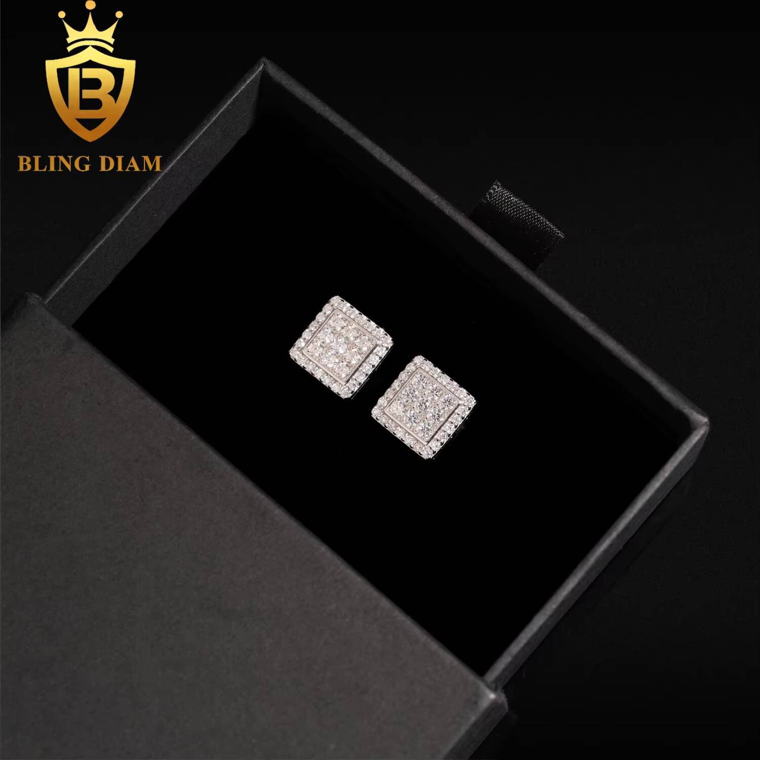 Hip Hop Jewelry Wholesale 925 Silver Rose Gold Plated Vvs Moissanite Diamond Square Earrings Stud Cluster for Man Women