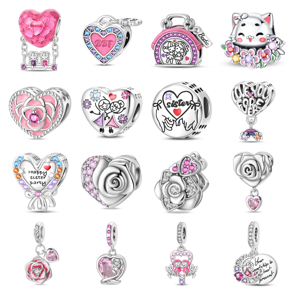S925 Silver Family Style Sister Love Pink Rose Charm Beads DIY Jewelry Accessories Bracelet Cross-border New