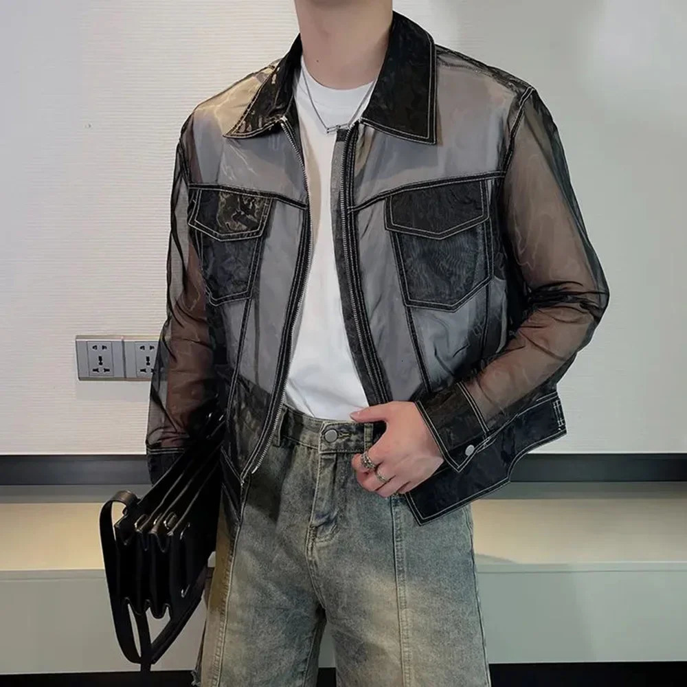 Summer Trendy Men Transparent Sunscreen Jacket Fashion Sexy Mesh Long Sleeve Lapel Top Solid Streetwear Zipper Coat 250811