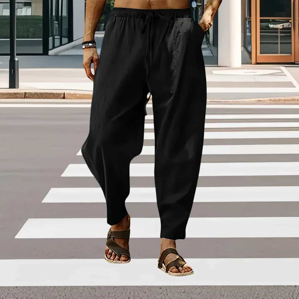 Fashion Mens Linen Wide Pants Korean Trousers Oversize Sports Streetwear Men Spring Yoga Pants Casual Men Clothing Sweatpants W250812