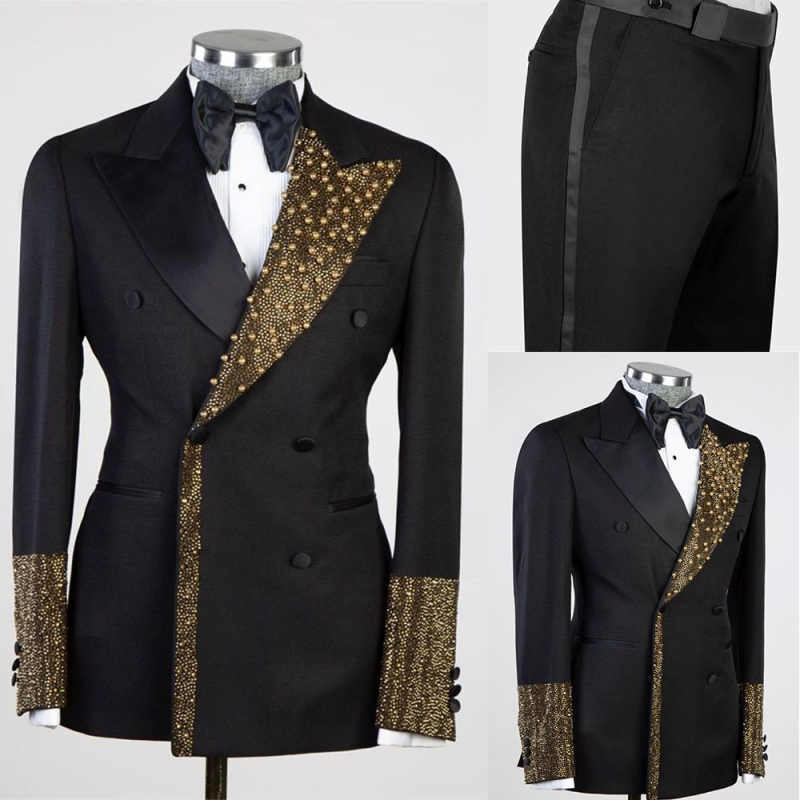 Shining Beads Men Suits Double Breasted 2 Pieces Jacket Pants Satin Formal Party Wedding Groom Tuxedo Customized