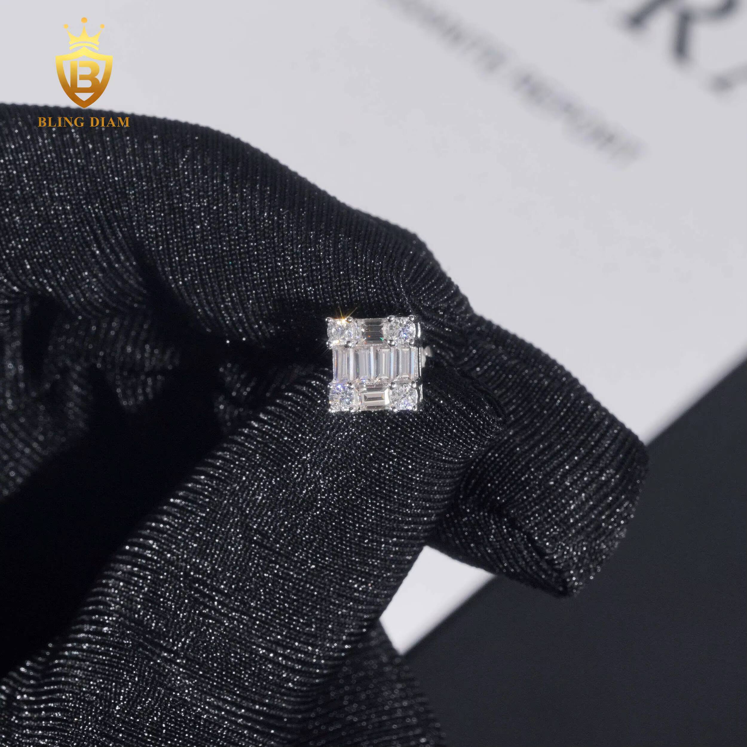 Fashion Jewelry 925 Silver Emerald Cut Luxury Design Iced Out VVS Moissanite Diamond Square Stud Earrings for Men Women