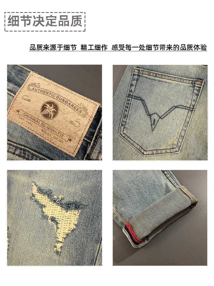 2025 Spring Stretch Ripped Patch Denim Jeans for Men American Vintage Casual High-Street Trend Ink Splatter Slim Straight Pants X250812