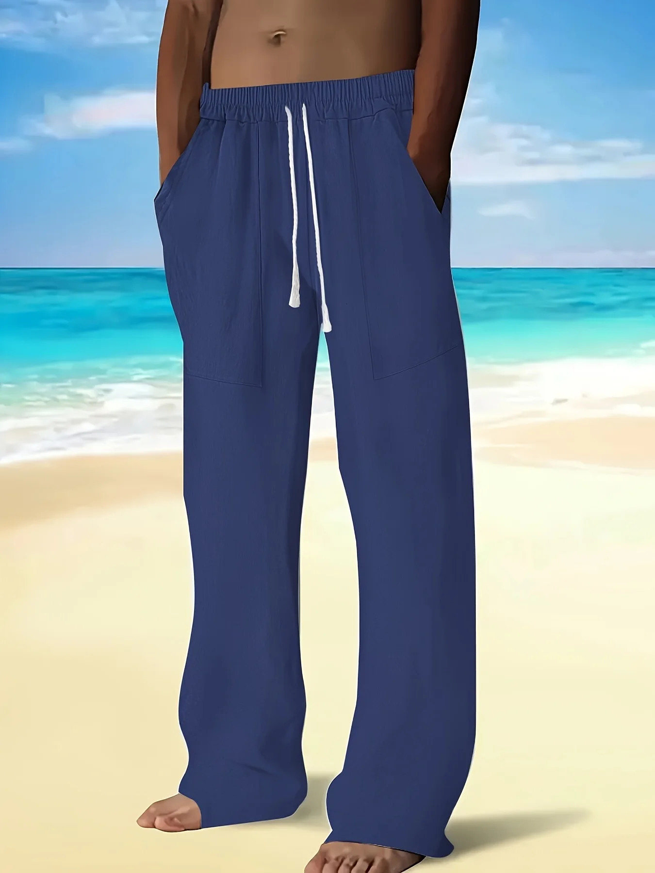 spring and autumn mens Chinesestyle solidcolor cotton linen trousers with multiple pockets drawstring ns 250729