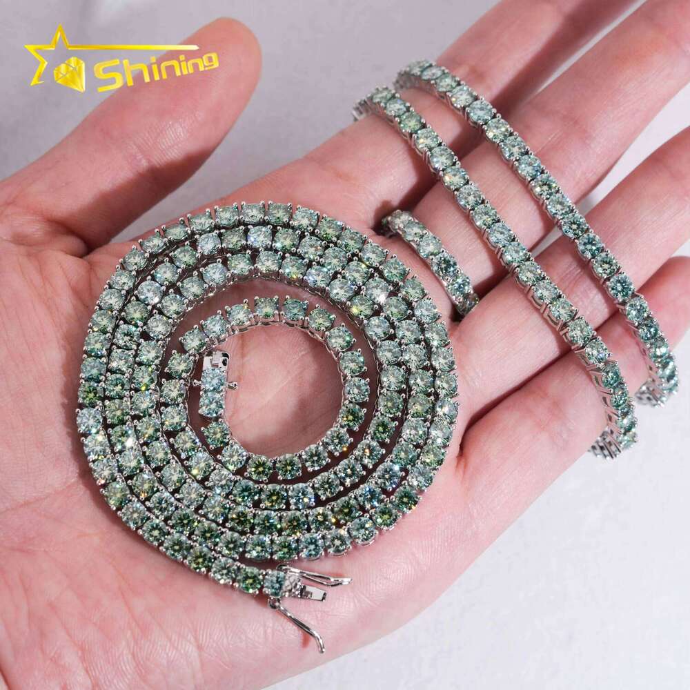 Hip Hop Iced Out Blue Green Color VVS Lab Moissanite Dia Sterling Sier 2MM 3MM 4MM Tennis Bracelet Chain Necklace