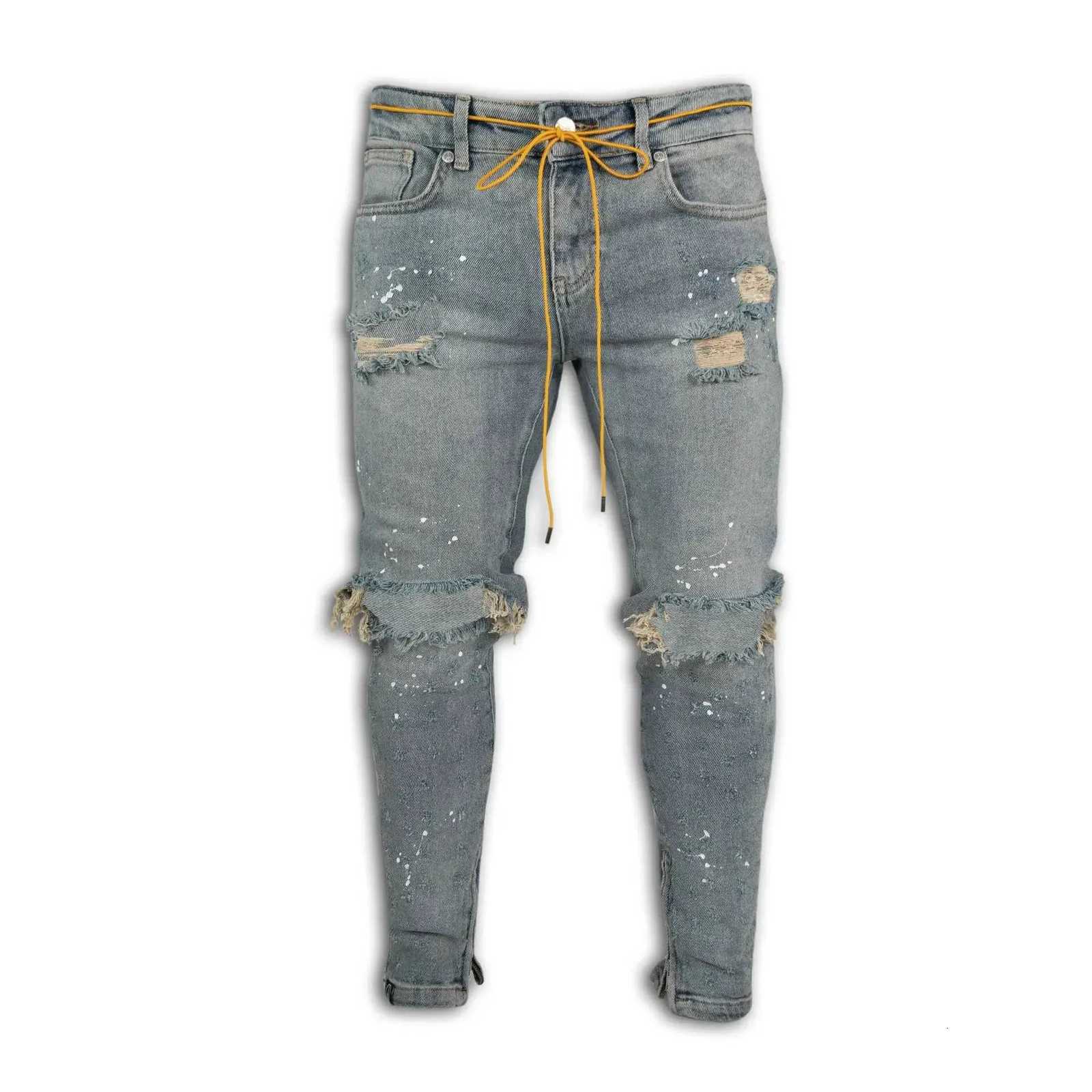 Men Long Jeans Pants Denim Pencil Pants with Hole Splice Simple Slim Fit Zipper Lace Up Tight Waist Straight Trousers for Autumn X250812
