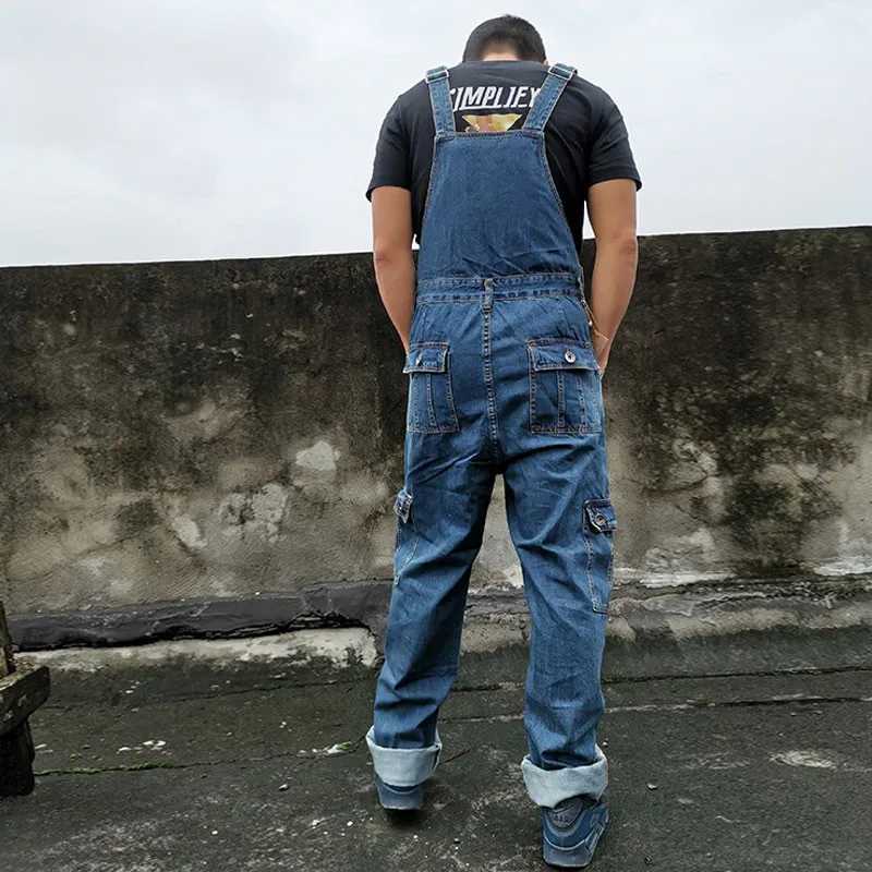 Mens Overalls Jumpsuit Large Size Strap Straight Blue Jeans With 7 Pockets X250812