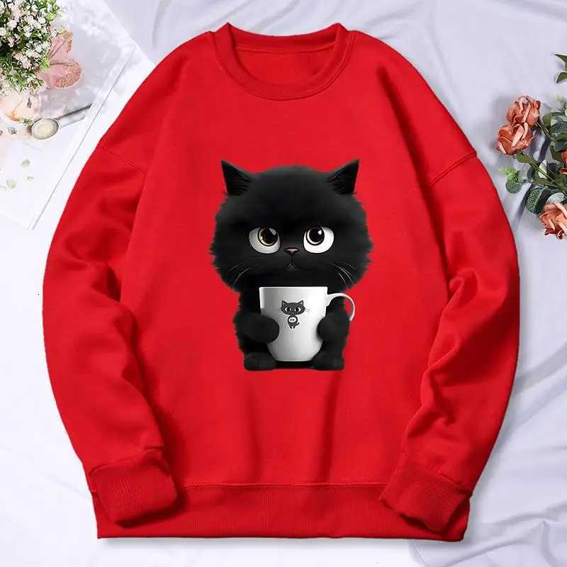 A Kitten Holding Cup Print WomenS Hoody Fashion Comfortable Sweatshirt Casual Fleece Hooded Autumn Versatile Tracksuit Female Y250811