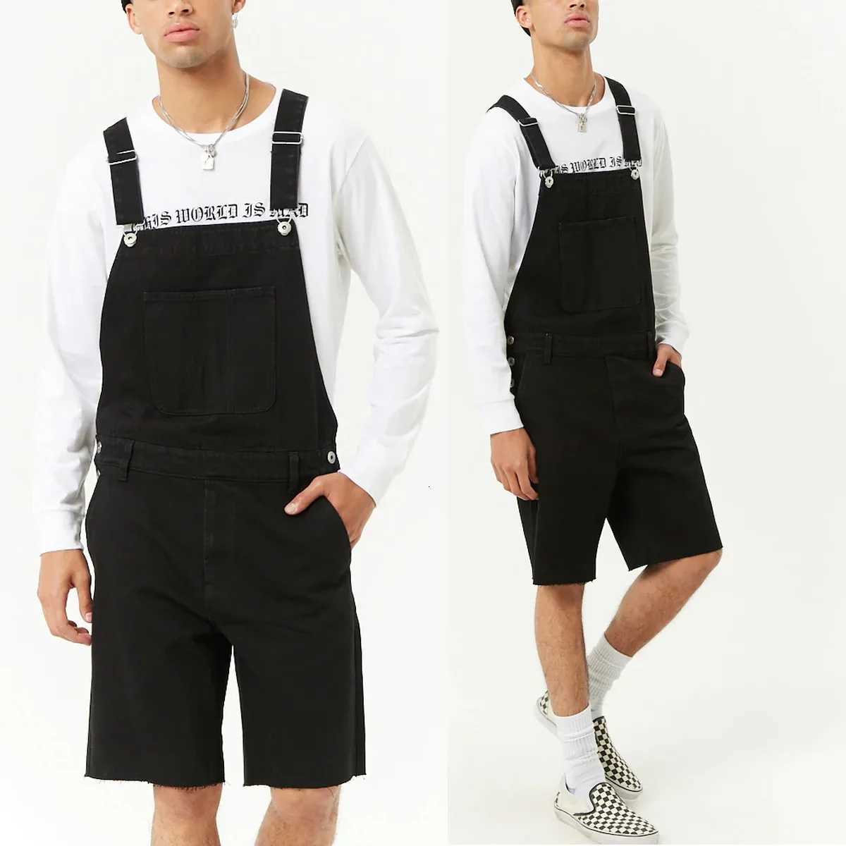 New Retro Mens Jeans Denim Ripped Shorts One-piece Overalls Bib Knee Length Pants Black Jumpsuit X250812
