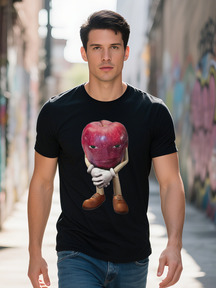 Men s Funny Face Meme T Shirt Stylish Black Tee with Colorful Apple Character Ideal for Casual Events All Season