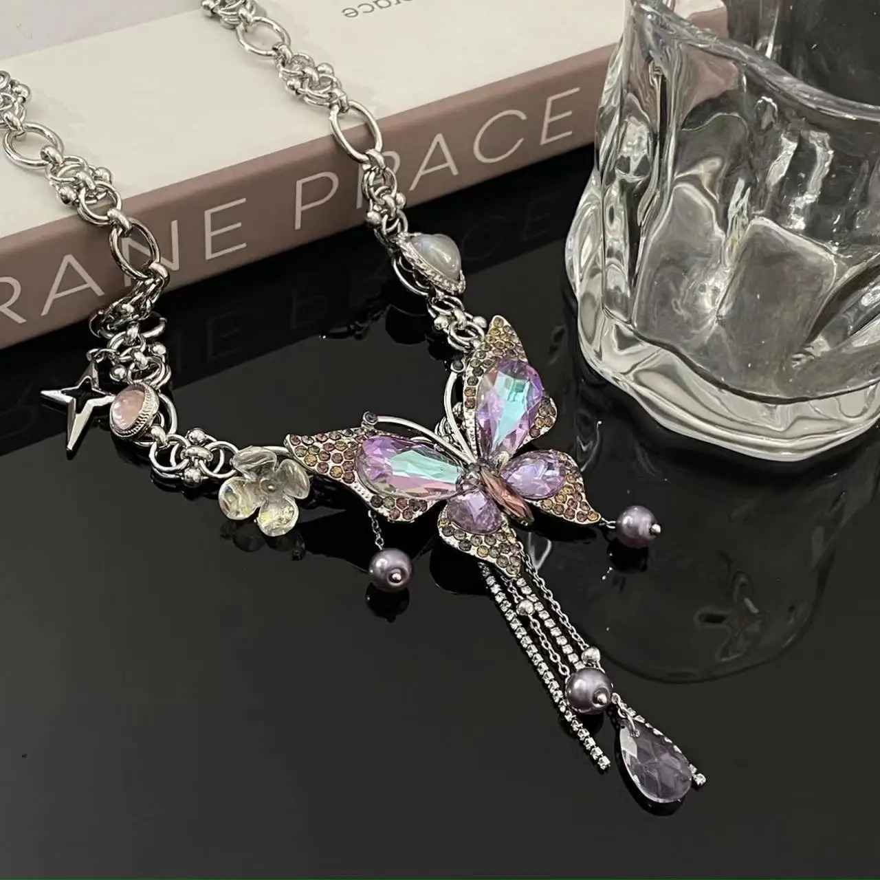 Dreamy Purple Crystal Butterfly Charm Star Heart Flower Pearl Tassel Necklace Retro Exquisite Jewelry For Women Y2K 250807