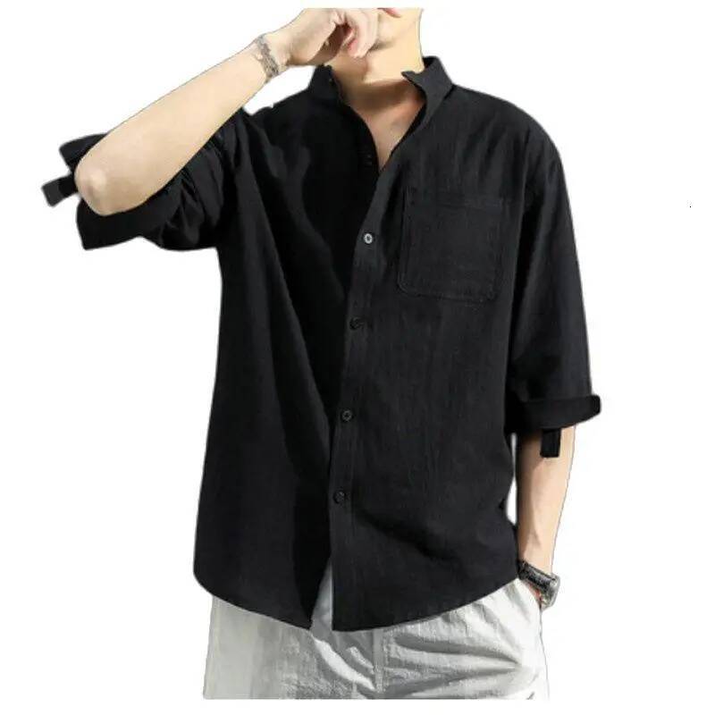 Solid Colors Long Shirts Chinese Style Wear Stand Collar Loose 100% Cotton White Black Short Sleeve Shirt M-5Xl ddmymarket