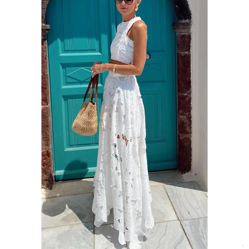 Sexy Women Hollow Out Two Piece Set Elegant Summer Sleeveless Vest Top Floral Maxi Skirt Set Beach Vacation Holiday Outfits 250811