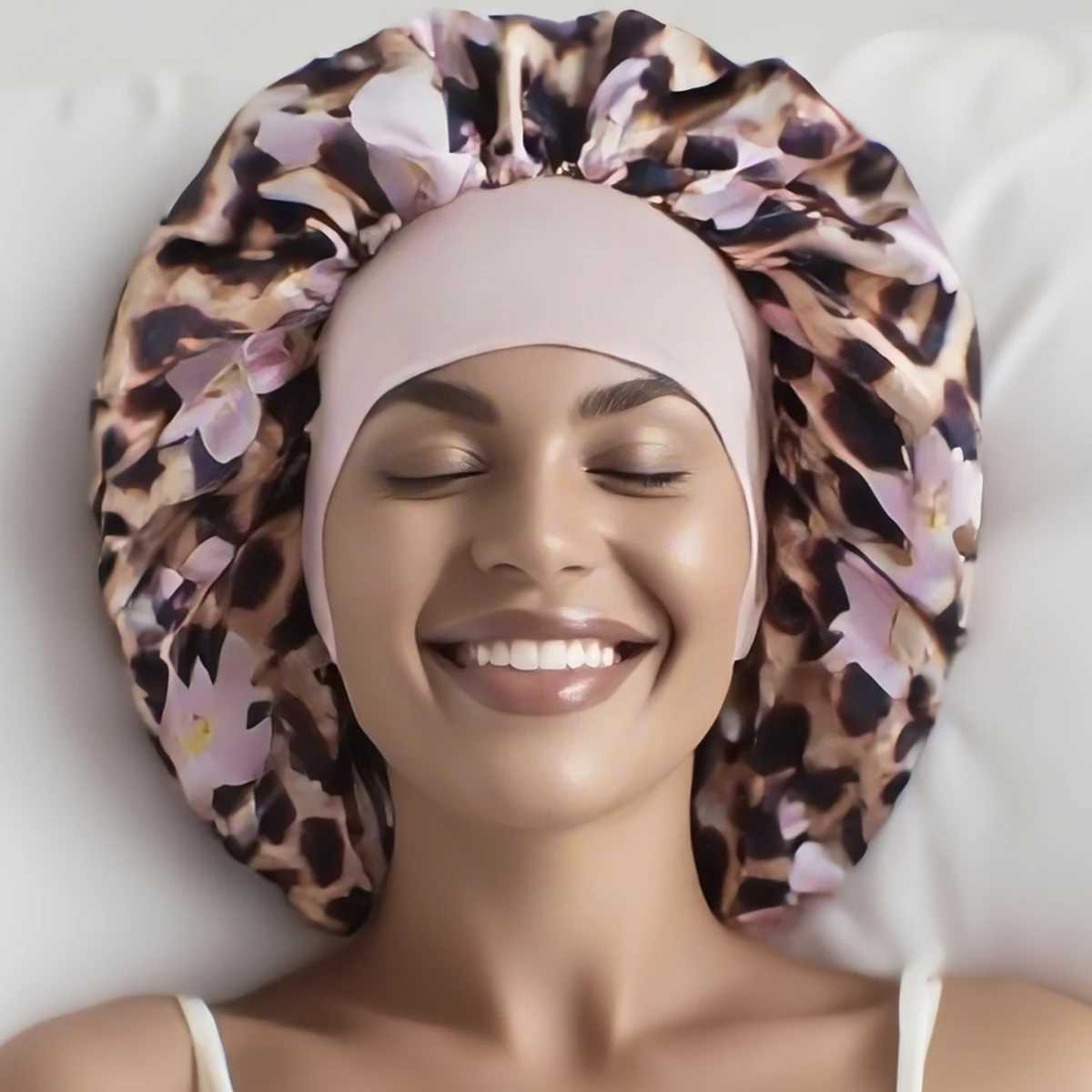 1pc Womens Satin Sleep Cap with Leopard Print and Lily Flowers Elastic Wide Brim Soft for Sleeping and Daily Use XJ250812