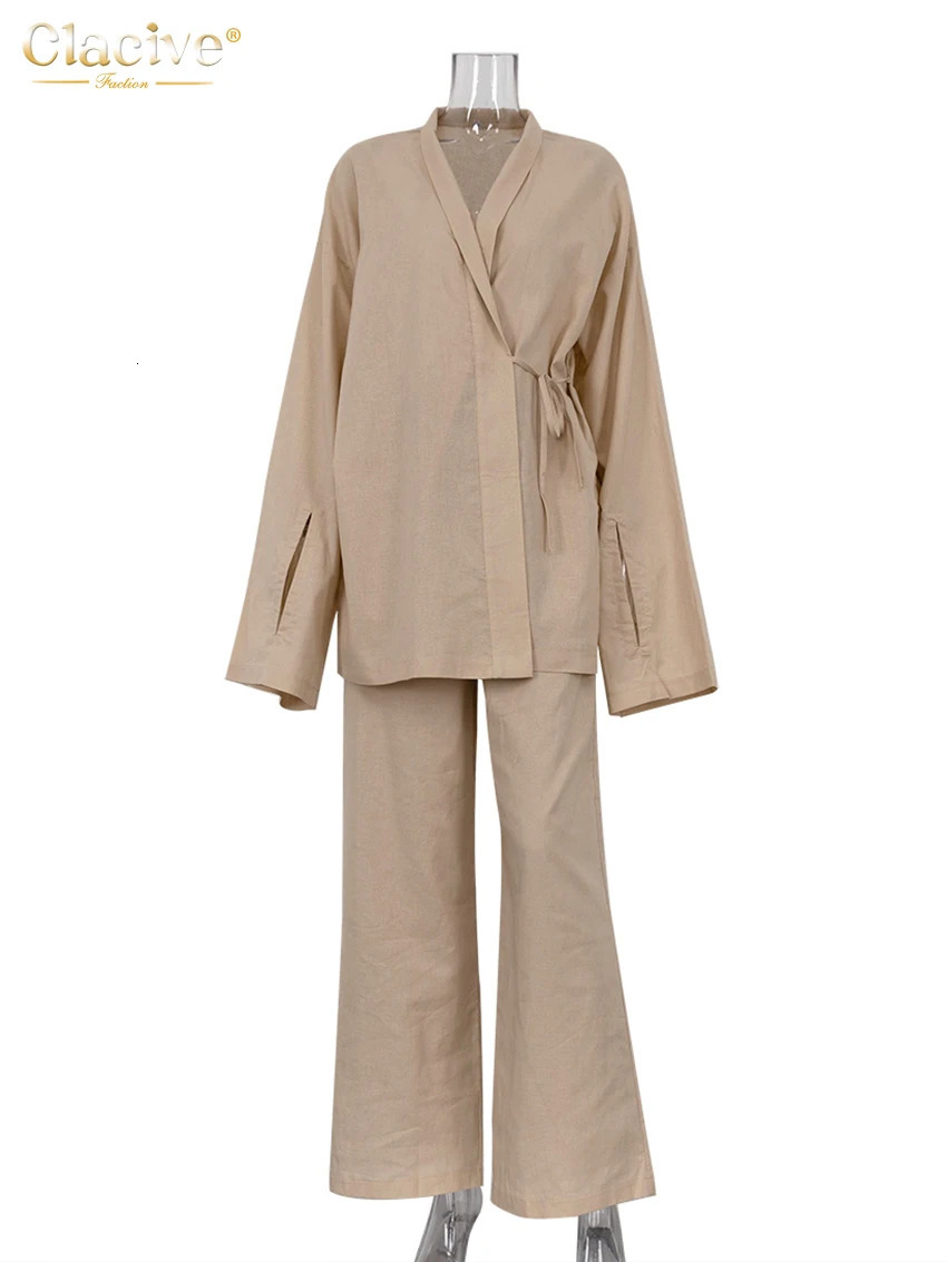 Clacive Casual Loose Khaki 2 Piece Set Women Outfit Fashion Long Sleeve Lace-Up Shirt With High Waist Wide Pants Set Female 250811