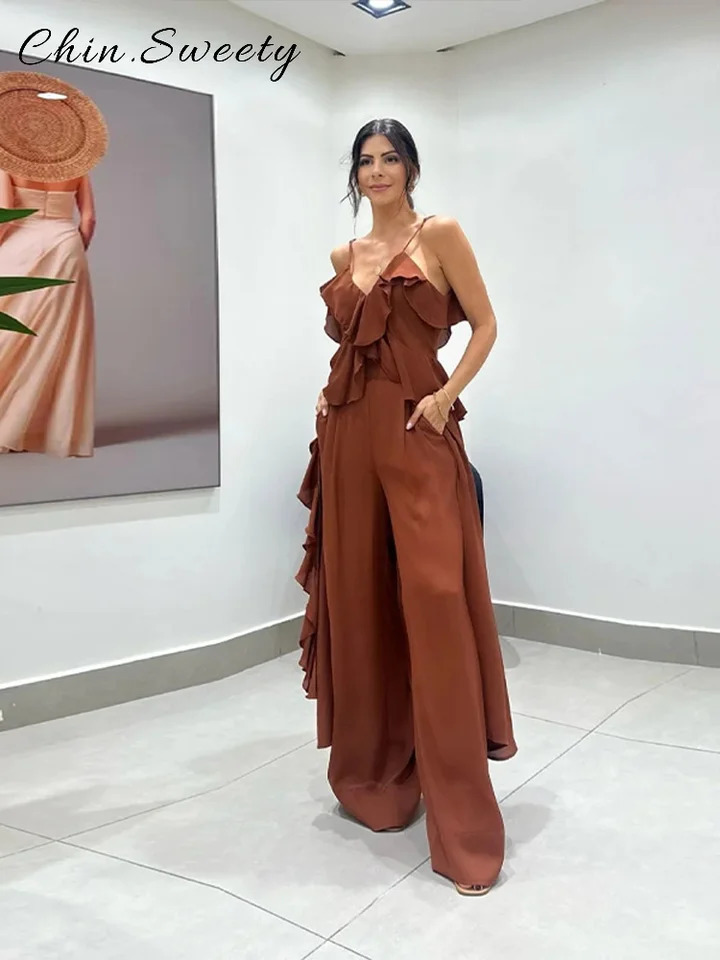 Elegant Ruffles 2 Piece Sets Woman V-neck Sleeveless Sling Top High Waist Wide Leg Pants 2025 Summer Lady High Street Outfit 250811