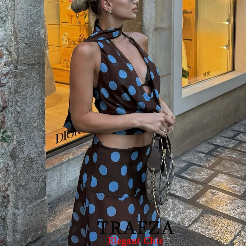 TRAFZA Women Sexy Polka Dot Set V-neck Halter Top Asymmetrical Skirt Spring Summer Fashion Holiday Party Mujer Suit 250811