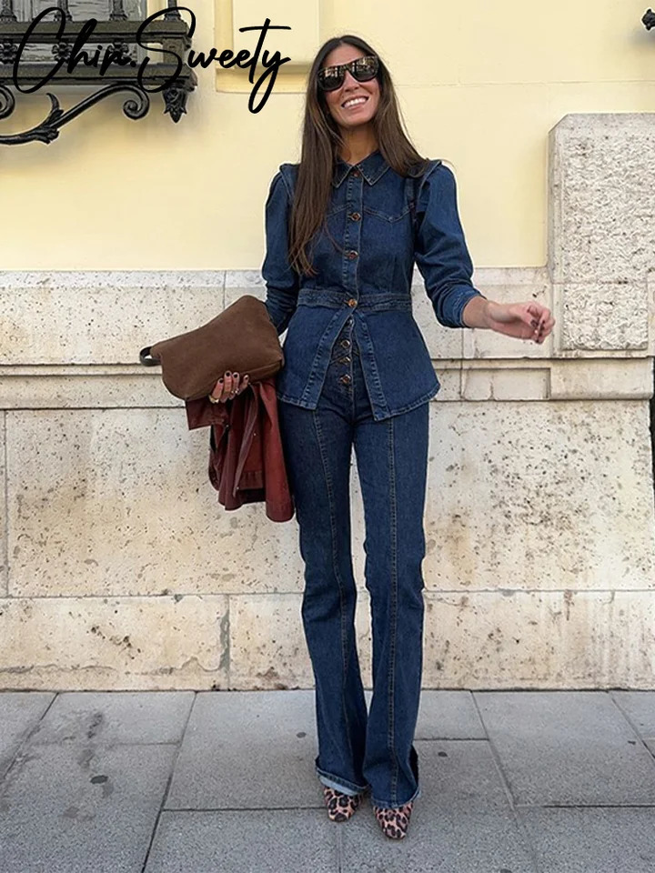 Casual Denim Jacket Pants Set Women Slim Buttons Jackets High Waist Hip Package Pant 2025 Autumn Lady Street Outfit 250808