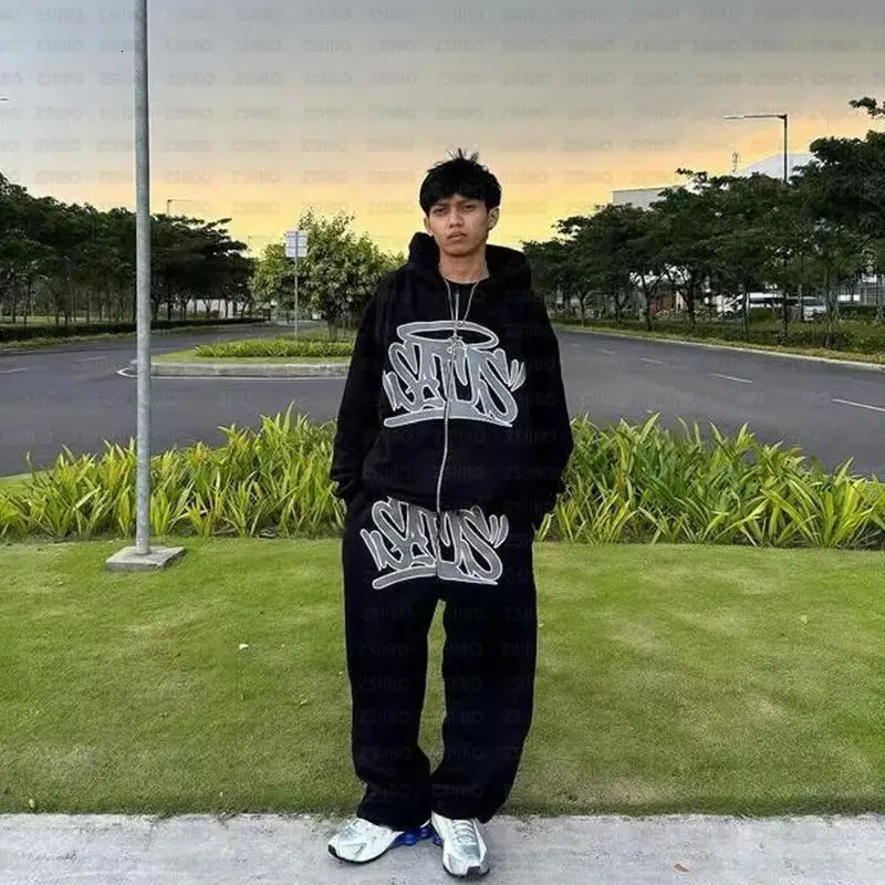 American street fashion personality suit Y2K unisex retro zip hoodie street hip-hop print casual sportswear and trousers 250805