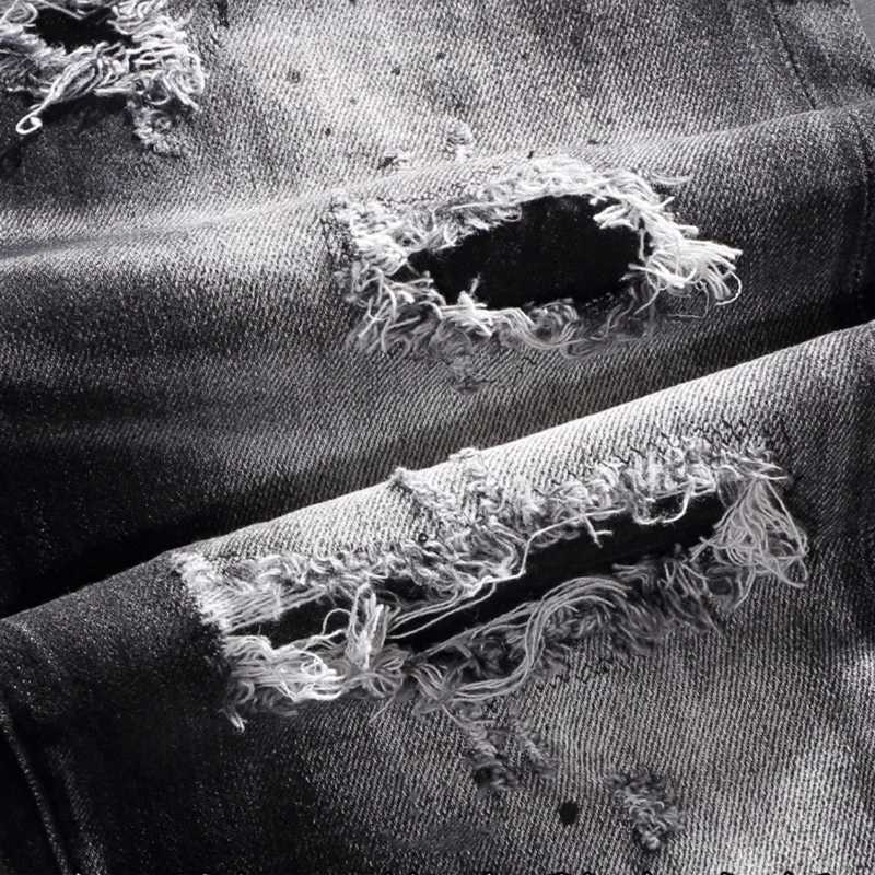 2023 Fashion New Black Gray Mens Jeans Scratch Painting Washed Water Nostalgic Stretch Slim Fit Jeans High Street Hip Hop B X250812