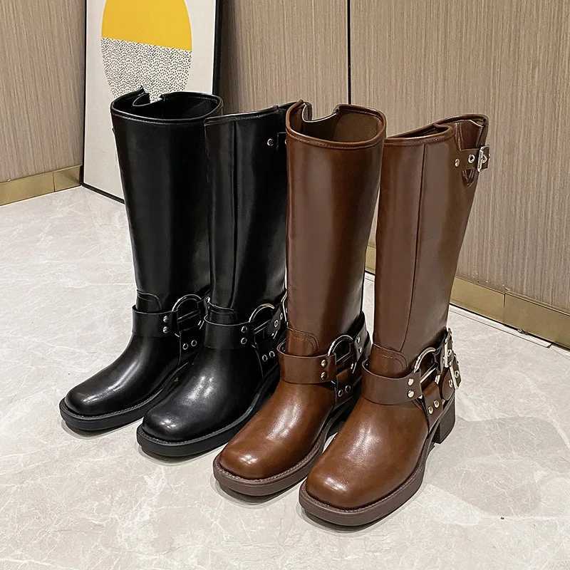 High Quality Brown Long Wen 2025 Autumn Winter Wens Knee-high Classic Metal Pin Buckle Punk Biker Boots Y250812