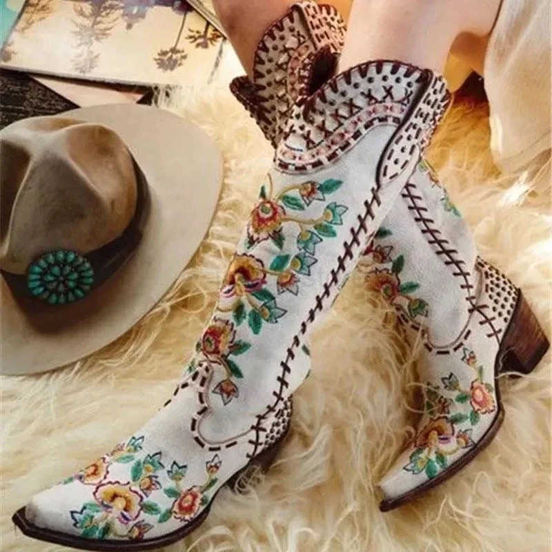 White Embroider Western Boots For Women Leather Chunky Heels Cowboy Boots Slip-on Shoes M250812