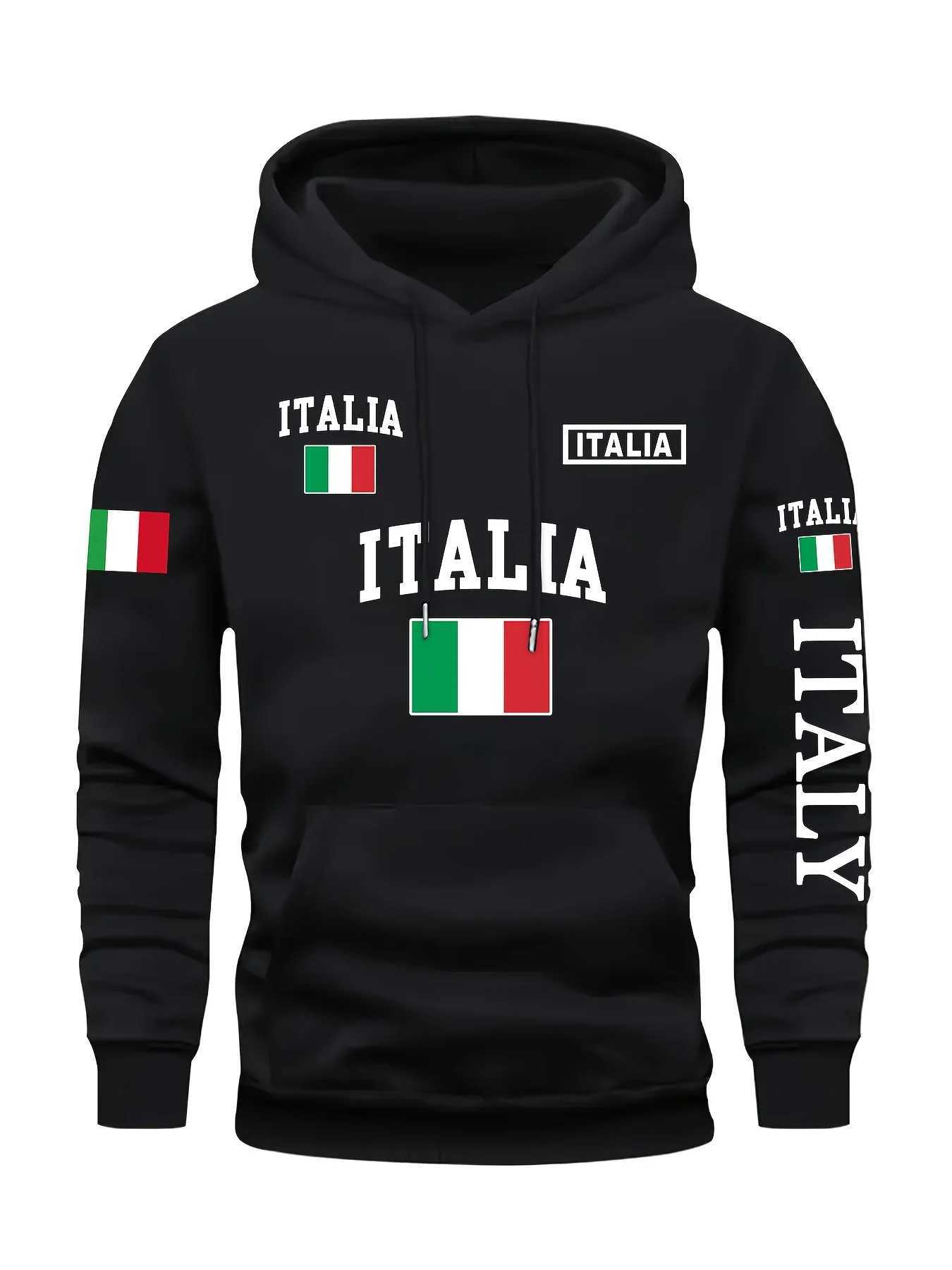 Mens Stylish Graphic Hoodie Black Casual Pullover Front Pocket Comfortable Polyester Blend Machine Washable Italy Sweatshirt Y250811