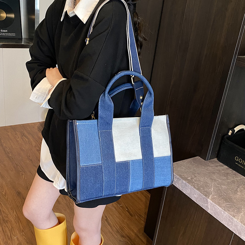 Denim for Women New Fashion Patchwork High-End Feel Single Shoulder Crossbody Commuter Large Capacity Tote Bag