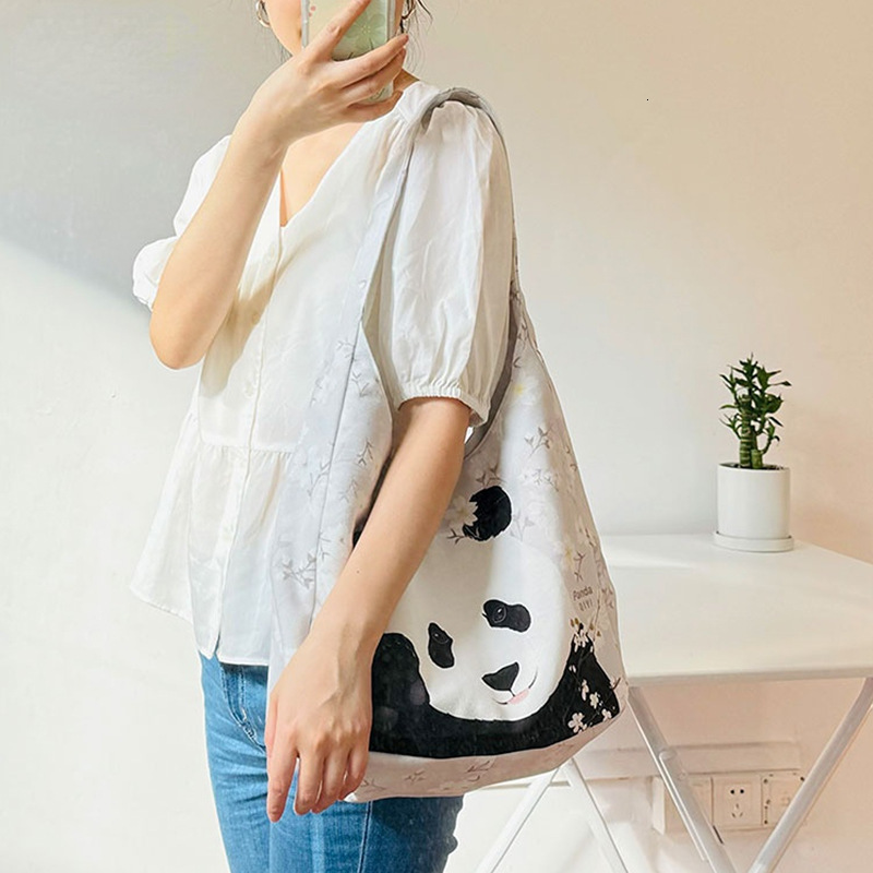 New Chinese Style Casual Floral Canvas Cute Panda Tote Female Students Large Capacity Shoulder Bag for Class