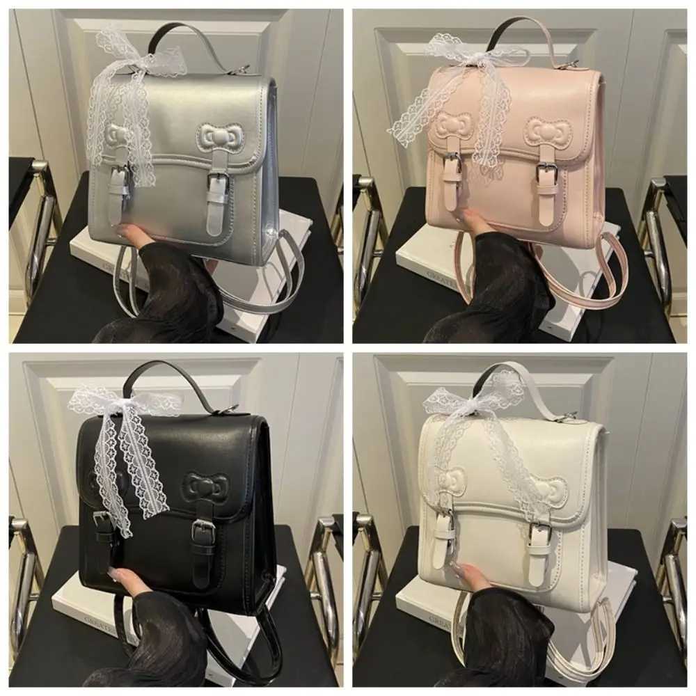 Cute Square Bow Backpack Small Pack Solid Color PU Backpack Korean Style Handbag Student School Bag Y250811