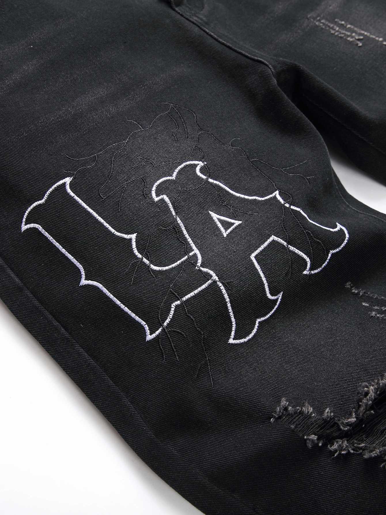 Mens Jeans Black Denim Pants Straight Leg Comfort Mid Waist White Embroidery Casual Streetwear Spring Slim Fit Trousers X250812