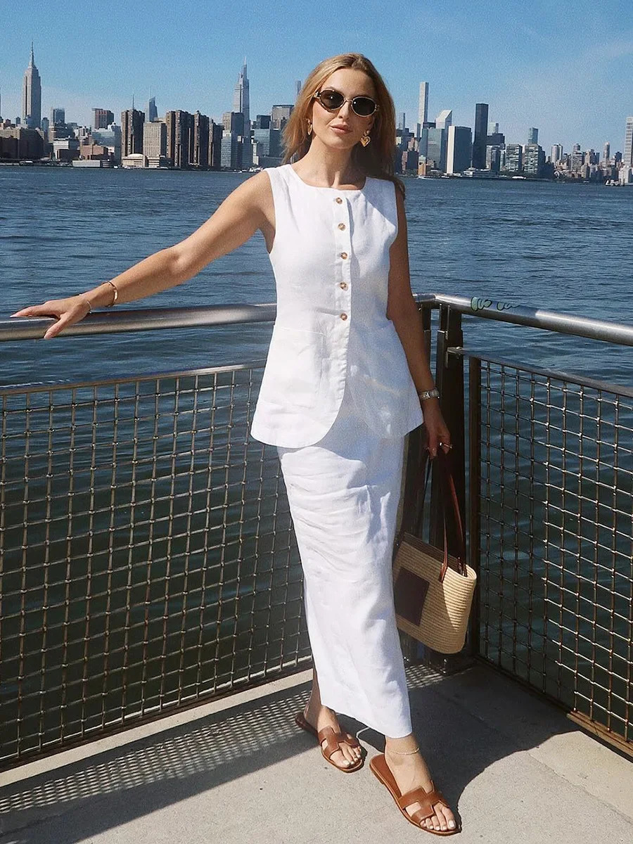 Wolfeel Womens Sleeveless Vest High Waisted Skirt 2-Piece Set Spring Summer Linen Casual Suit Fashion Office Lady Vest Set 250811