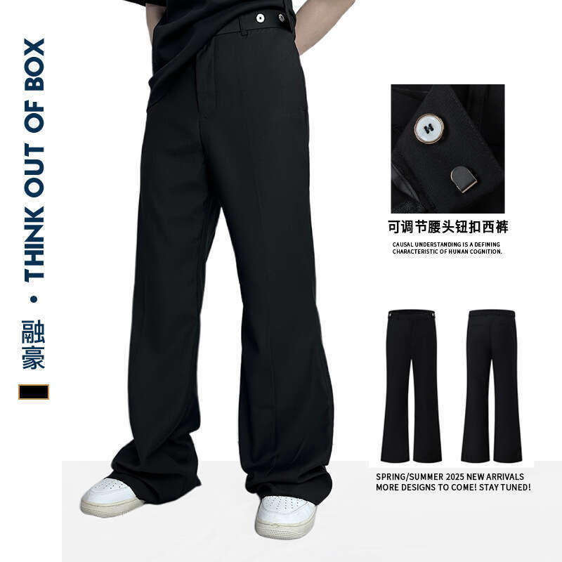 Summer Casual Dress Unisex Commuter Versatile Slimming Waist Adjustable Button Design Straight Long Pants B5