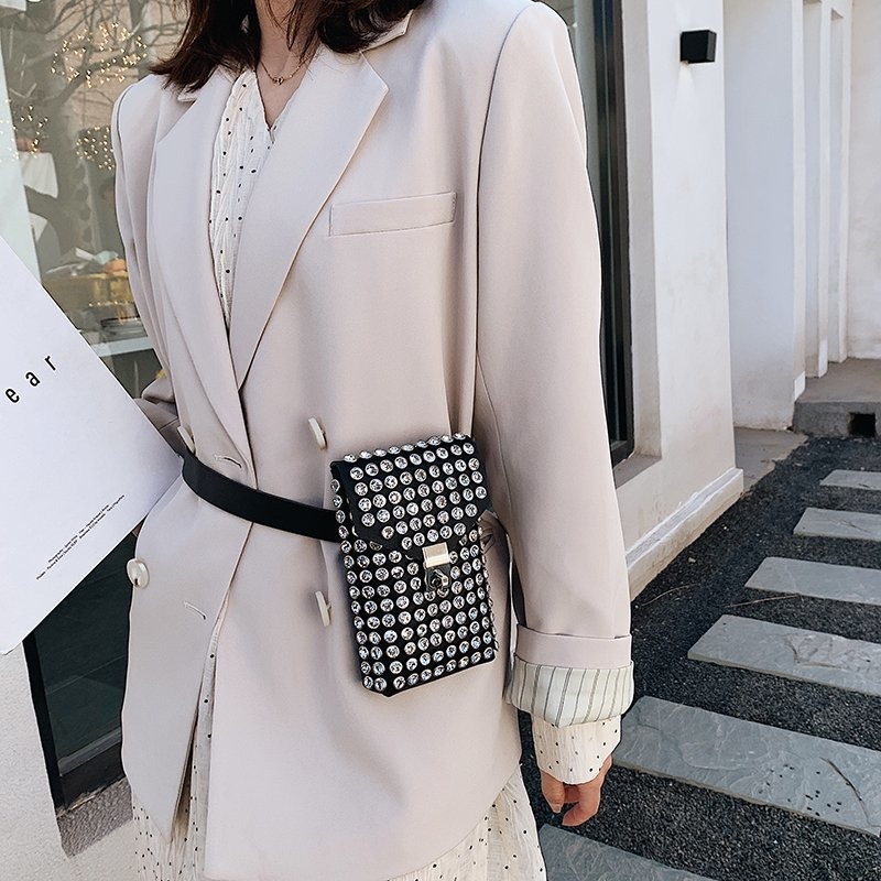 Retro Mini Cellphone Holder with Diamonds - Customizable Shoulder Purse for Smartphone Storage